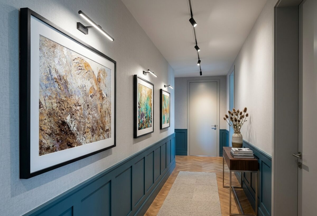 Framed fine art prints displayed in a stylish hallway with blue panelling