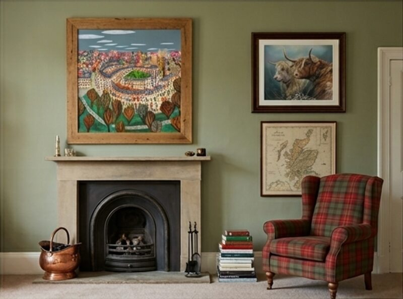 Framed paintings and prints displayed above a fireplace in a traditional living room