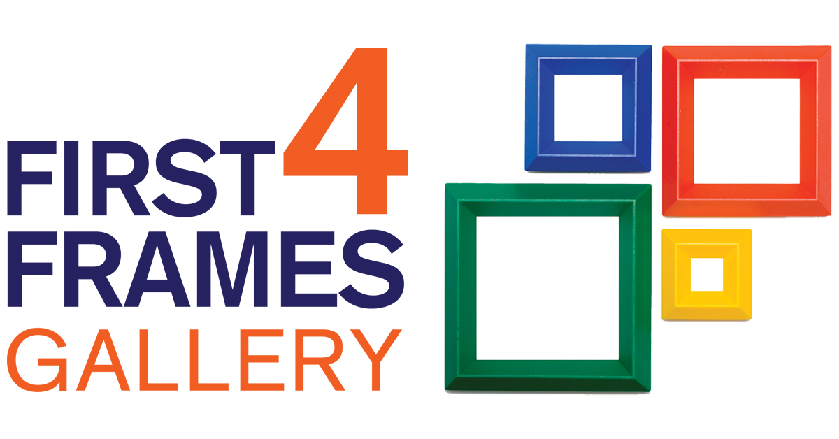 The image shows a logo with the text 'First 4 Frames Gallery' alongside a graphic of four colorful, overlapping picture frames.