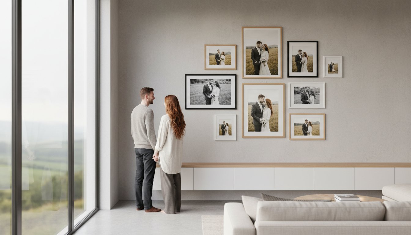 A couple stands in a modern, bright living room, viewing a gallery wall of framed wedding and couple photos. Large windows reveal a scenic landscape outside.