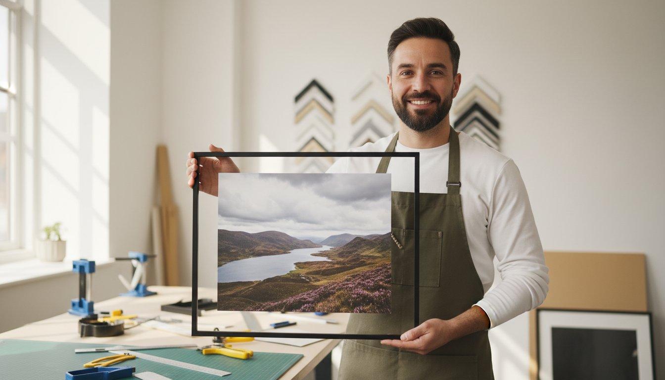 A smiling man wearing an apron holds a framed landscape photograph of a lake and hills in a well-lit workshop, with framing tools and frame samples visible in the background.