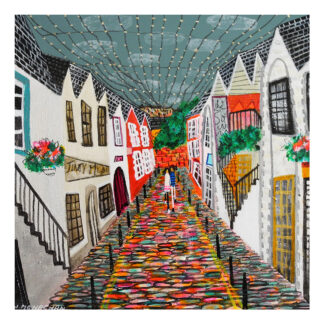 A colorful painting of a quaint street with houses, cobblestone paths, and a person walking away. By Nikki Monaghan