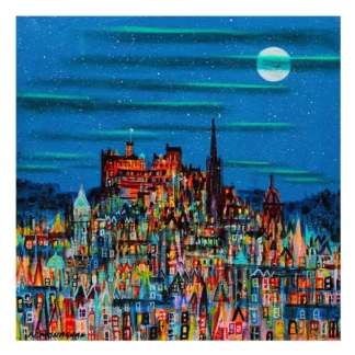 A colorful, expressionist painting of a vibrant cityscape under a starry night sky with a prominent moon. By Nikki Monaghan