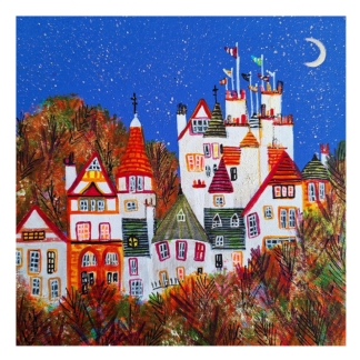 A vibrant painting depicting a whimsical village with colorful houses and turrets under a starry night sky. By Nikki Monaghan