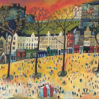 A vibrant, whimsical painting of a bustling town square with people, bare trees, and tents—brought to life with All That Jazz under a striking orange sky and a castle on a lush green hill.