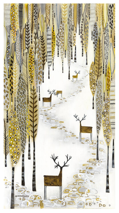 The image depicts a stylized forest with patterned trees and several deer in a whimsical, illustrative style. By Nikki Monaghan