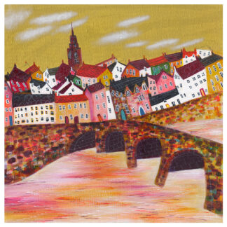 A colorful, whimsical painting of a town with vividly hued buildings and a bridge over a pink river under a golden sky.By Nikki Monaghan