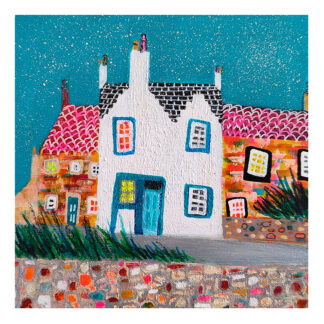 A colorful painting of a quaint, textured house with a vibrant, starry sky above and a cobblestone path in front. By Nikki Monaghan