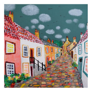 A colorful painting of a quaint village street with cobblestones and houses, under a sky with clouds and birds. By Nikki Monaghan