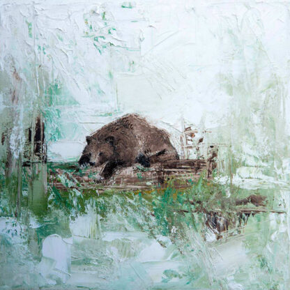 An impressionistic painting of a bear lying down in a green and white textured environment. By Charlotte Strawbridge