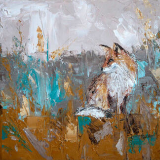 An impressionistic painting of a fox sitting amidst a textured background of brushstrokes in earthy and bluish tones. By Charlotte Strawbridge