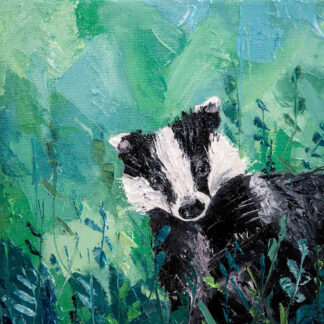 A painting of a badger nestled amongst green foliage. By Charlotte Strawbridge