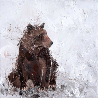 A textured painting of a brown bear against a white background with expressive brush strokes. By Charlotte Strawbridge