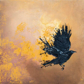 A black bird painted in silhouette with splattered paint details on a textured golden background. By Charlotte Strawbridge