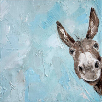 An oil painting of a donkey's head with a textured blue and white background. By Charlotte Strawbridge