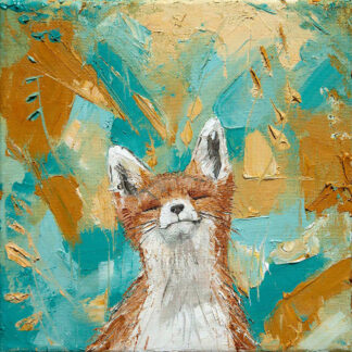 A textured painting of a fox with an expressive face against a background of blue and gold brush strokes. By Charlotte Strawbridge
