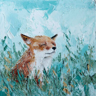 An oil painting of a brown and white fox amidst greenery, exhibiting a textured, impasto style. By Charlotte Strawbridge