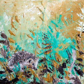 A colorful abstract painting featuring textures and possibly a depiction of foliage in shades of blue, green, and brown. By Charlotte Strawbridge