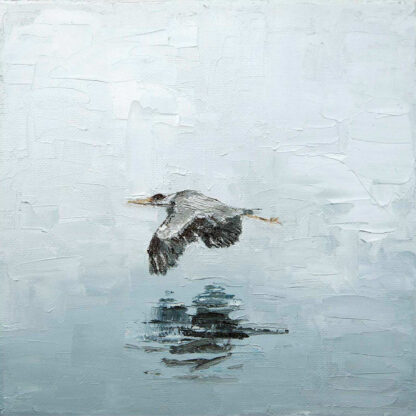 A textured painting of a bird in flight over water, depicted with minimalistic brush strokes on a monochromatic background. By Charlotte Strawbridge