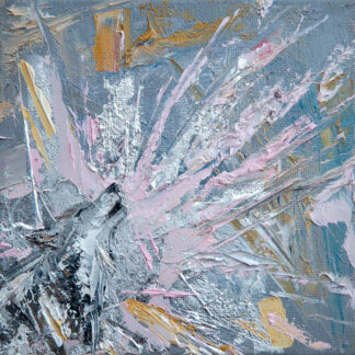 An abstract painting with textured brushstrokes in shades of gray, white, pink, and beige. By Charlotte Strawbridge