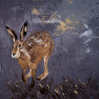 The image features a textured painting of a brown hare against a dark, abstract background. By Charlotte Strawbridge