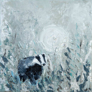 A textured painting of a badger in a misty, moonlit landscape with cool tones and expressive brushstrokes. By Charlotte Strawbridge