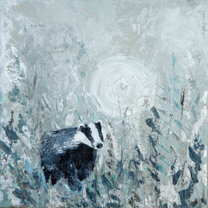 A textured painting of a badger in a misty, moonlit landscape with cool tones and expressive brushstrokes. By Charlotte Strawbridge