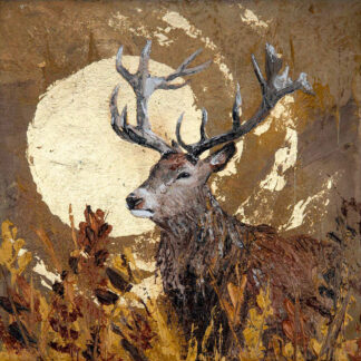A painting of a majestic stag with prominent antlers against an abstract golden background. By Charlotte Strawbridge