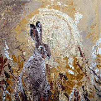 An oil painting of a hare with detailed brushstrokes set against a golden-brown background with hints of vegetation. By Charlotte Strawbridge