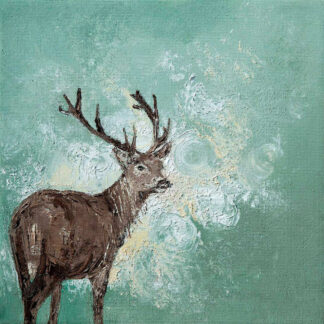 A textured painting of a deer against a greenish background with abstract white patterns possibly depicting foliage or light. By Charlotte Strawbridge