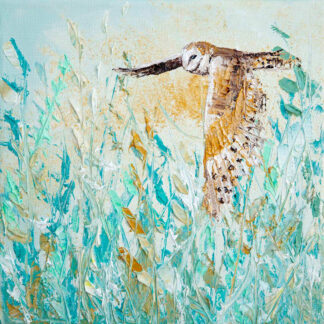 An owl in flight is depicted against a textured background of blue and green hues, with heavy impasto painting technique evident. By Charlotte Strawbridge