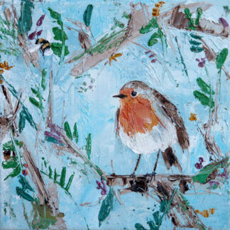 A colorful painting of a robin perched on a branch amidst foliage and flowers. By Charlotte Strawbridge
