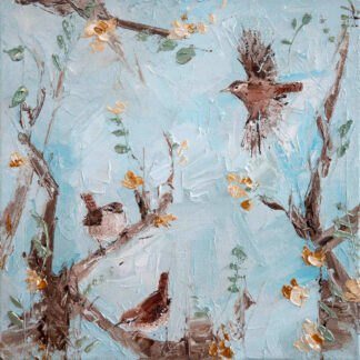 An oil painting featuring a bird in flight among textured tree branches with small, discreet blooms on a calming blue background. By Charlotte Strawbridge