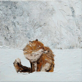 A textured painting depicting a solitary brown and white cat sitting against a white background. By Charlotte Strawbridge