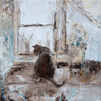 A textured oil painting depicts a cat sitting by a window with heavy impasto brushwork. By Charlotte Strawbridge