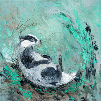 An acrylic painting of a badger surrounded by greenery on a textured canvas. By Charlotte Strawbridge