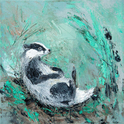 An acrylic painting of a badger surrounded by greenery on a textured canvas. By Charlotte Strawbridge