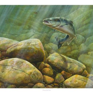A painting of a fish leaping above colorful underwater rocks against streaming light through water. By Chris Sharp
