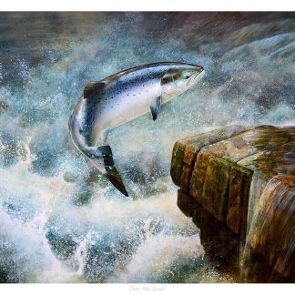 A painting of a salmon leaping out of the water near a rocky outcrop with splashing waves. By Chris Sharp
