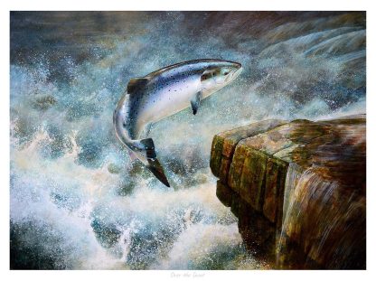 A painting of a salmon leaping out of the water near a rocky outcrop with splashing waves. By Chris Sharp