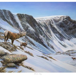 The image depicts three deer in a snowy mountain landscape with prominent rocky formations and a clear blue sky. By Chris Sharp