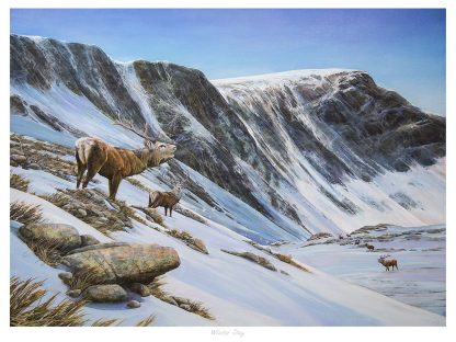 The image depicts three deer in a snowy mountain landscape with prominent rocky formations and a clear blue sky. By Chris Sharp