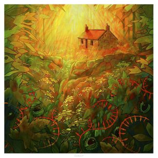 A serene illustration of a house amid a vibrant, lush forest with sunlight filtering through, creating a warm, magical atmosphere. By Chris Sharp