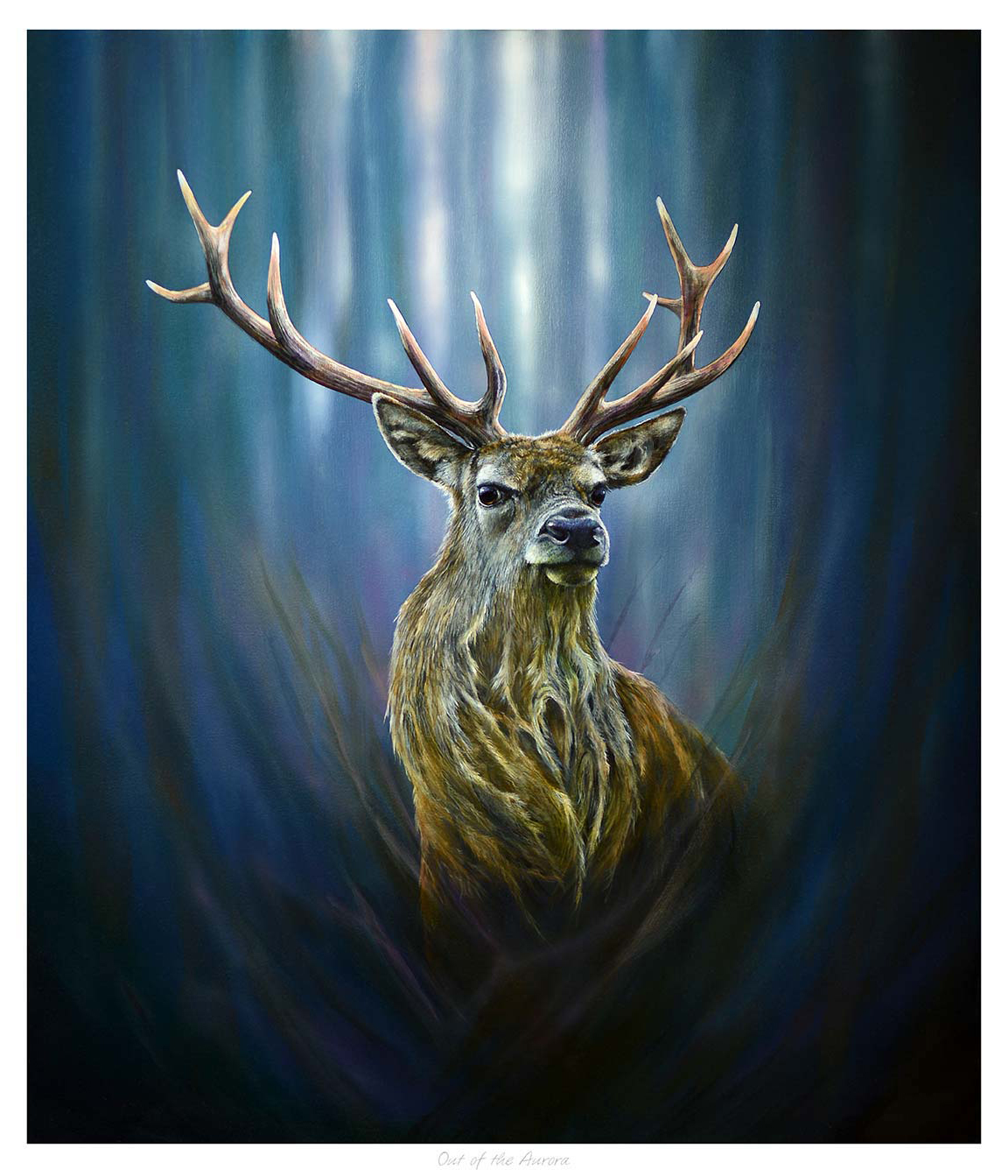 A majestic stag with large antlers stands against a blurred blue background illuminated by vertical light streaks. By Chris Sharp