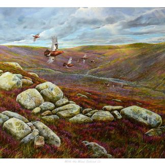 A vibrant painting depicting birds in flight over a hilly, heather-covered landscape with a dramatic cloudy sky. By Chris Sharp