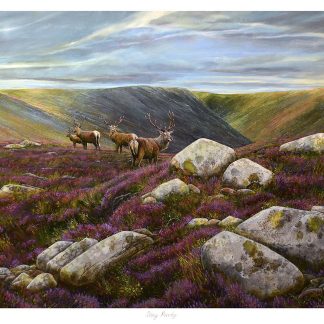 A painting of a group of deer on a moorland with purple heather and scattered rocks under a cloudy sky. By Chris Sharp
