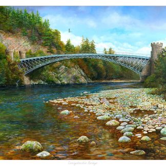 A scenic painting of Craigellachie Bridge with a stone archway, metal truss, surrounded by trees and a river with pebbles in the foreground. By Chris Sharp