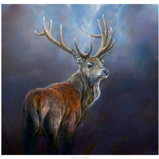 A majestic stag with prominent antlers stands amidst a foggy, muted background, looking to the side. By Chris Sharp