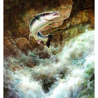 A vivid illustration of a fish leaping out of frothy waters near a rocky outcrop. By Chris Sharp