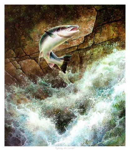 A vivid illustration of a fish leaping out of frothy waters near a rocky outcrop. By Chris Sharp